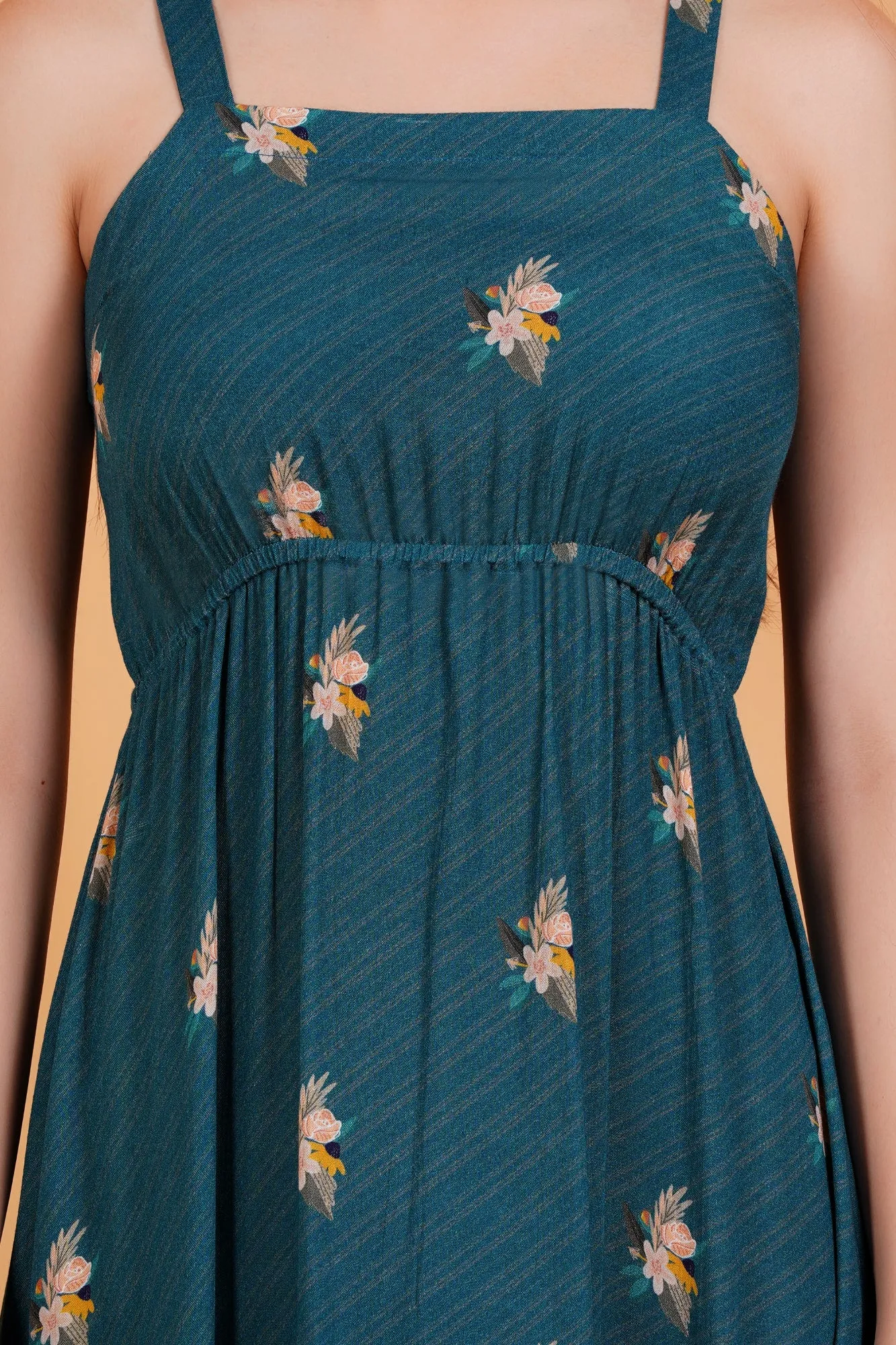 Teal Botanica Printed Strappy Cinched Back Maxi Dress