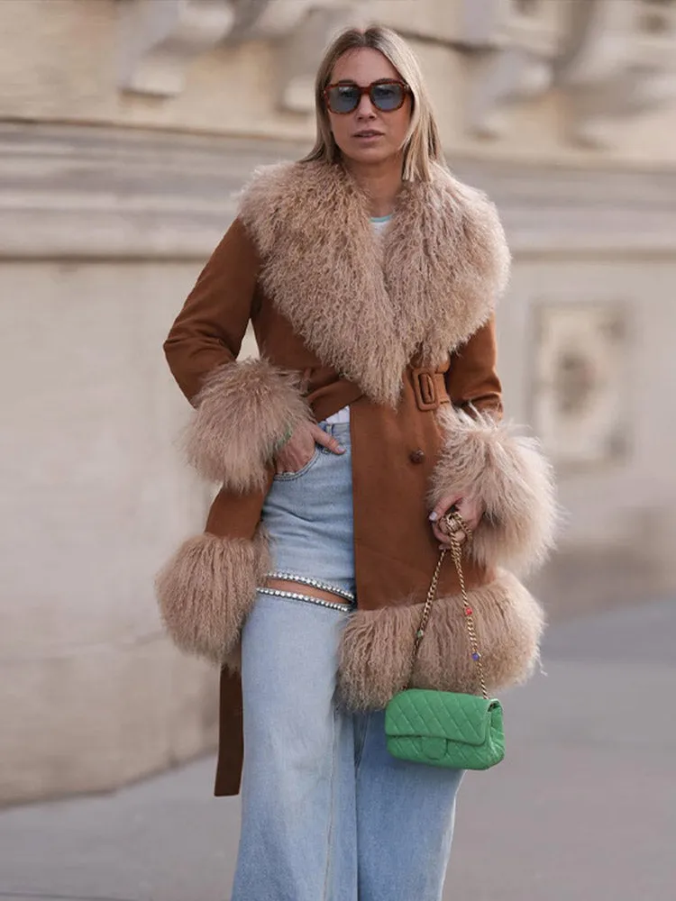 thanksgiving outfit JazzHer Urban Tassel Patchwork Coats Women Casual Long Sleeve Double Breasted Belt Jacket Female 2024 Autumn Winter Lady Street Outwear