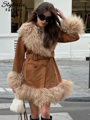 thanksgiving outfit JazzHer Urban Tassel Patchwork Coats Women Casual Long Sleeve Double Breasted Belt Jacket Female 2024 Autumn Winter Lady Street Outwear