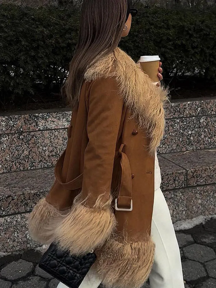 thanksgiving outfit JazzHer Urban Tassel Patchwork Coats Women Casual Long Sleeve Double Breasted Belt Jacket Female 2024 Autumn Winter Lady Street Outwear