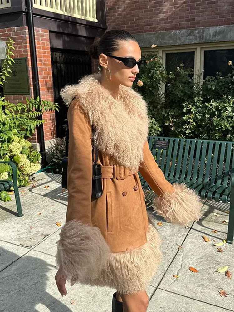 thanksgiving outfit JazzHer Urban Tassel Patchwork Coats Women Casual Long Sleeve Double Breasted Belt Jacket Female 2024 Autumn Winter Lady Street Outwear
