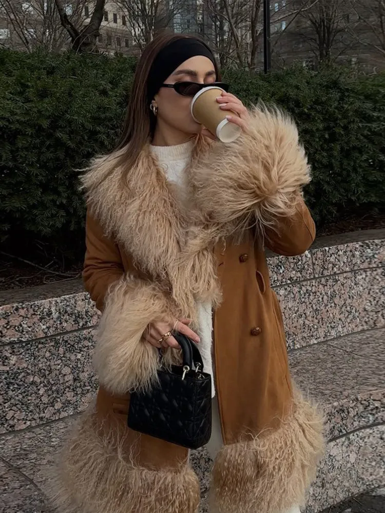 thanksgiving outfit JazzHer Urban Tassel Patchwork Coats Women Casual Long Sleeve Double Breasted Belt Jacket Female 2024 Autumn Winter Lady Street Outwear