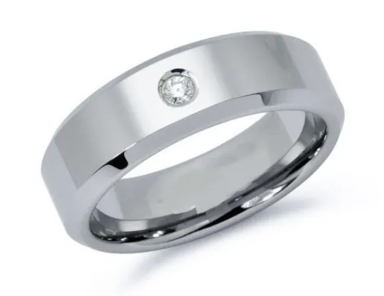 Titanium 8mm Wedding Band Beveled Edge Pipe Cut Design Satin Finish Comfort Fit Round Brilliant Cut Diamond 0.10pts. Sizes 4 - 14