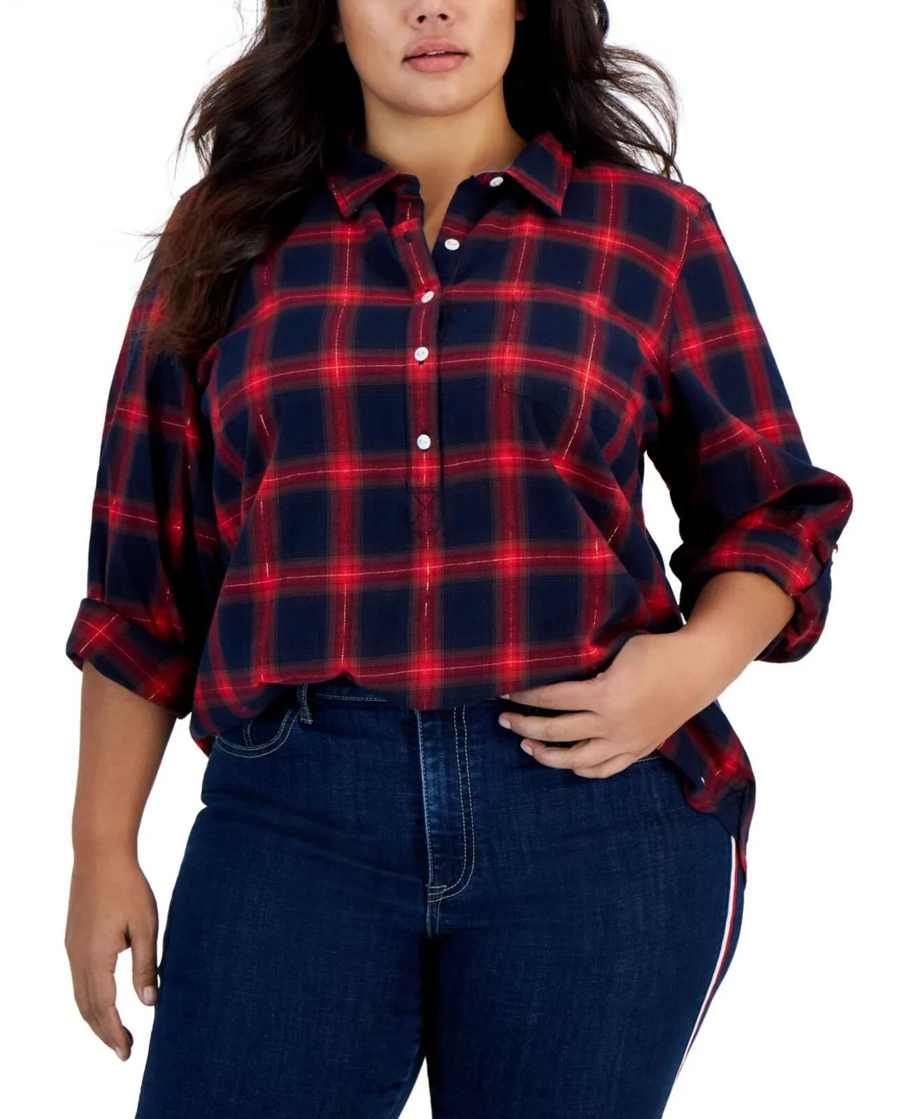 Tommy Hilfiger Womens Plus Women's Popover Blouse Shirt Top W2IMH365