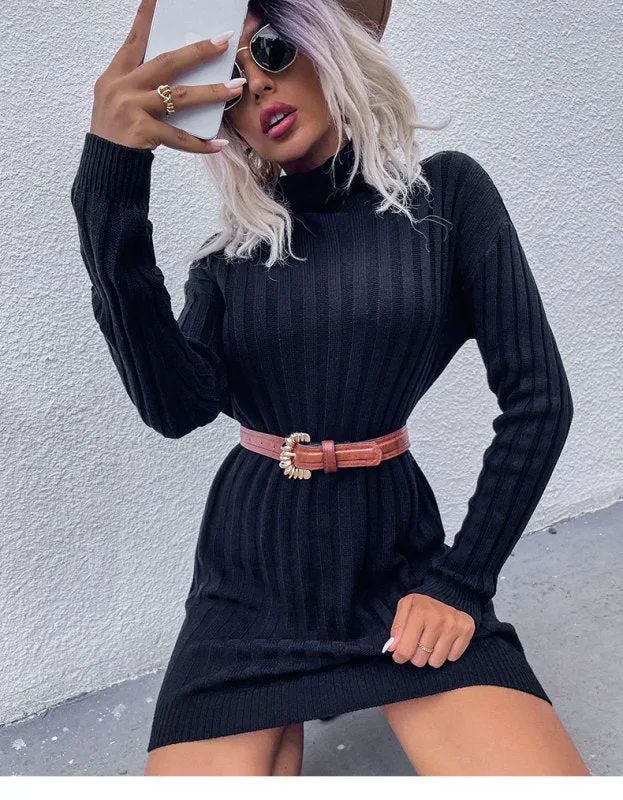 Turtleneck Ribbed Mini Dress with Belted Waist