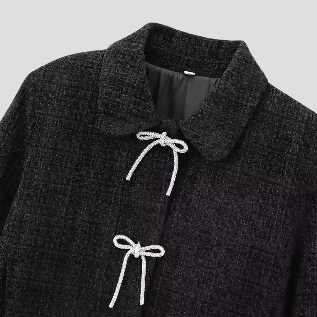 Tweed Jacket – Bow Tie Front – Chic Cropped Style