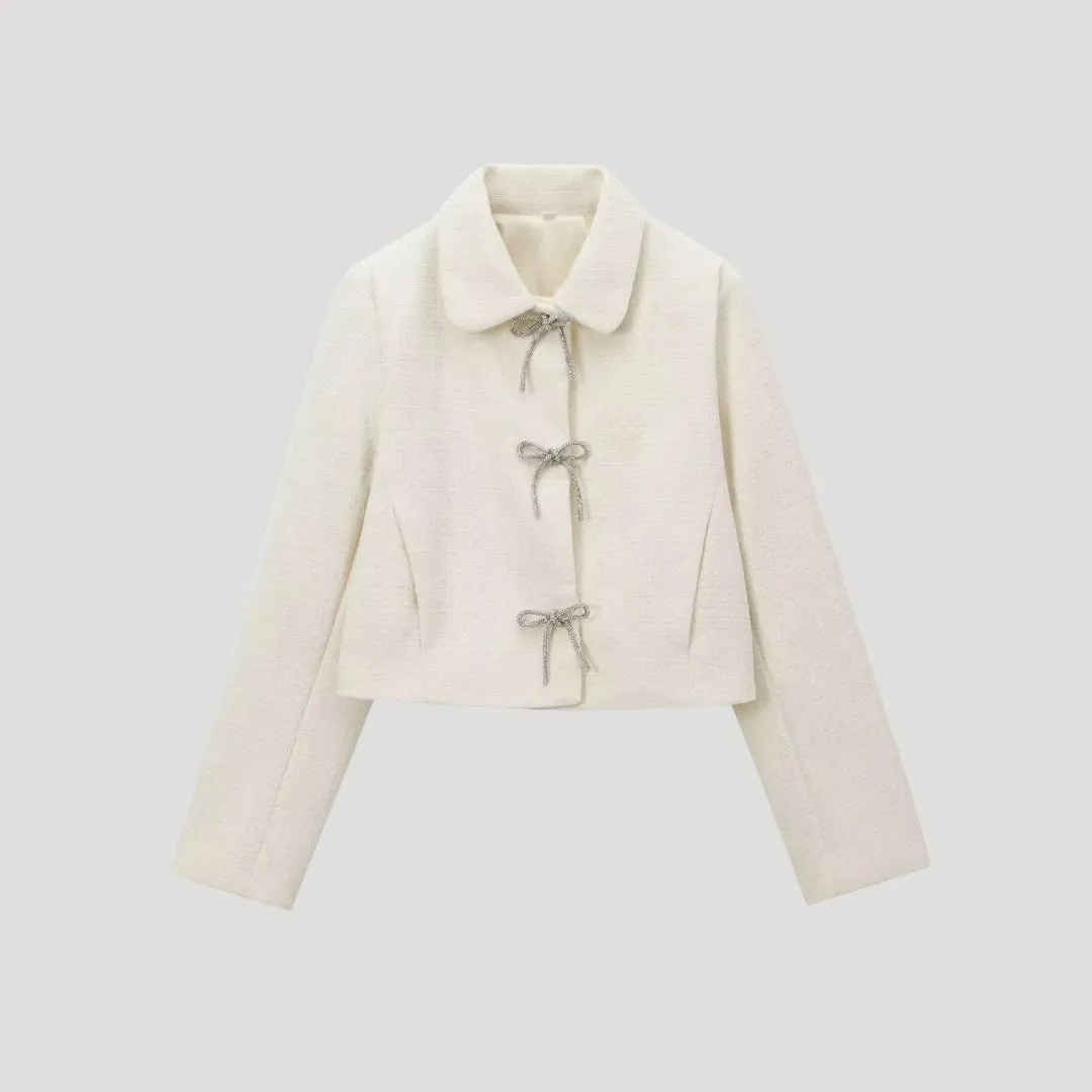 Tweed Jacket – Bow Tie Front – Chic Cropped Style