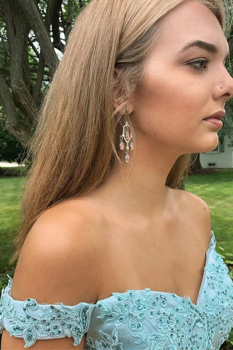 Two Piece Off Shoulder Beaded Lace Short Blue Prom Dress Homecoming Dress, Off Shoulder Lace Blue Formal Graduation Evening Dress