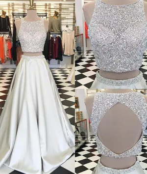Unique round neck sequin prom dress, two pieces long evening dress