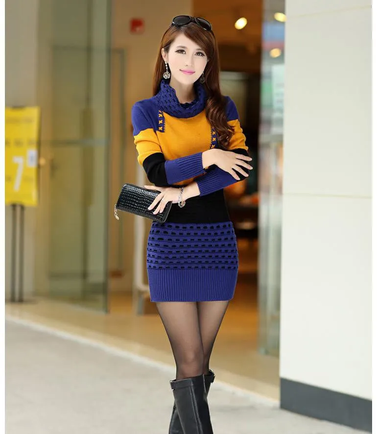Uwback Winter Sweater Dress Women Knitted Turtleneck Long Warm Winter Dresses Female Slim Sweaters and Pullovers TB808