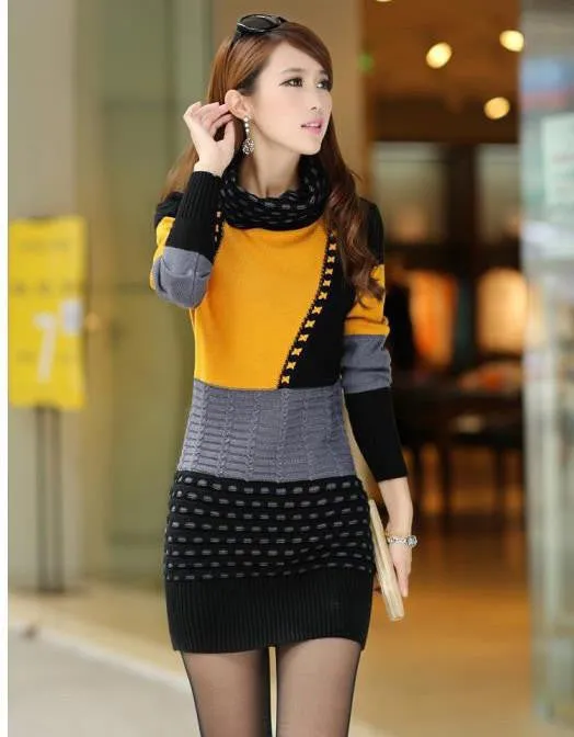 Uwback Winter Sweater Dress Women Knitted Turtleneck Long Warm Winter Dresses Female Slim Sweaters and Pullovers TB808