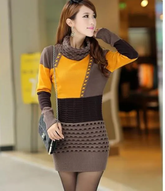 Uwback Winter Sweater Dress Women Knitted Turtleneck Long Warm Winter Dresses Female Slim Sweaters and Pullovers TB808