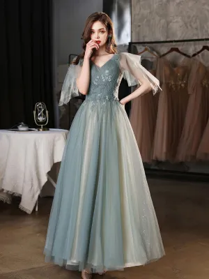 V neck A line tulle beads long green prom dress, green bridesmaid dress