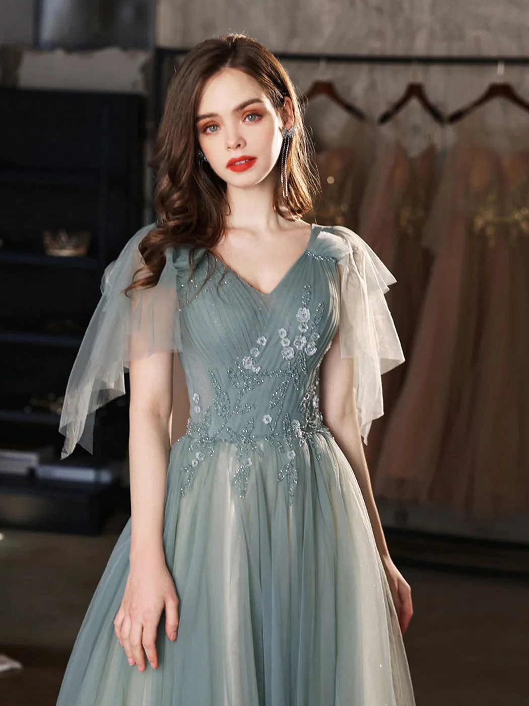 V neck A line tulle beads long green prom dress, green bridesmaid dress