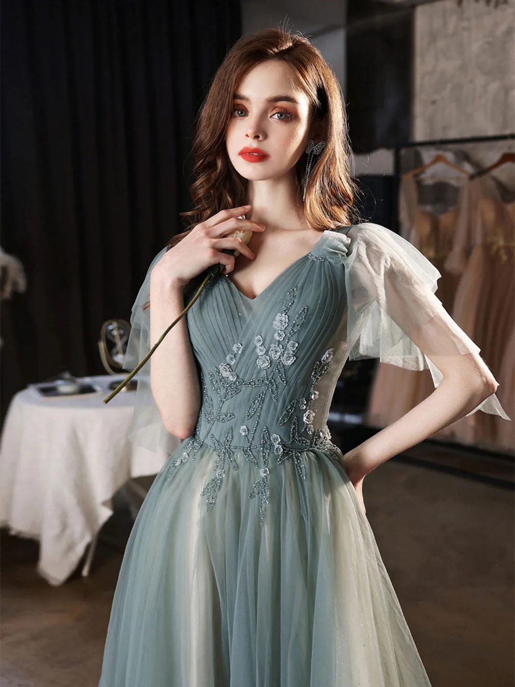 V neck A line tulle beads long green prom dress, green bridesmaid dress