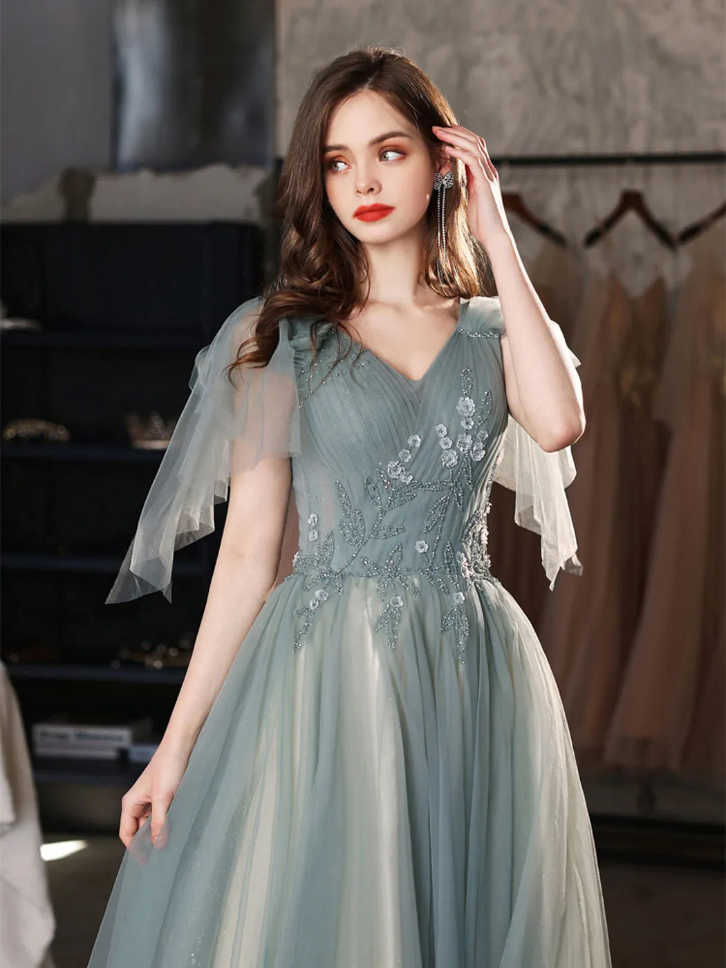 V neck A line tulle beads long green prom dress, green bridesmaid dress