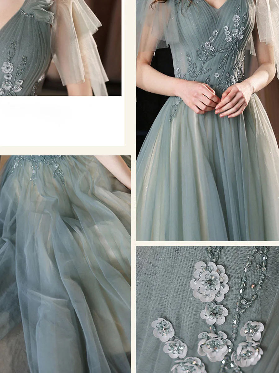 V neck A line tulle beads long green prom dress, green bridesmaid dress