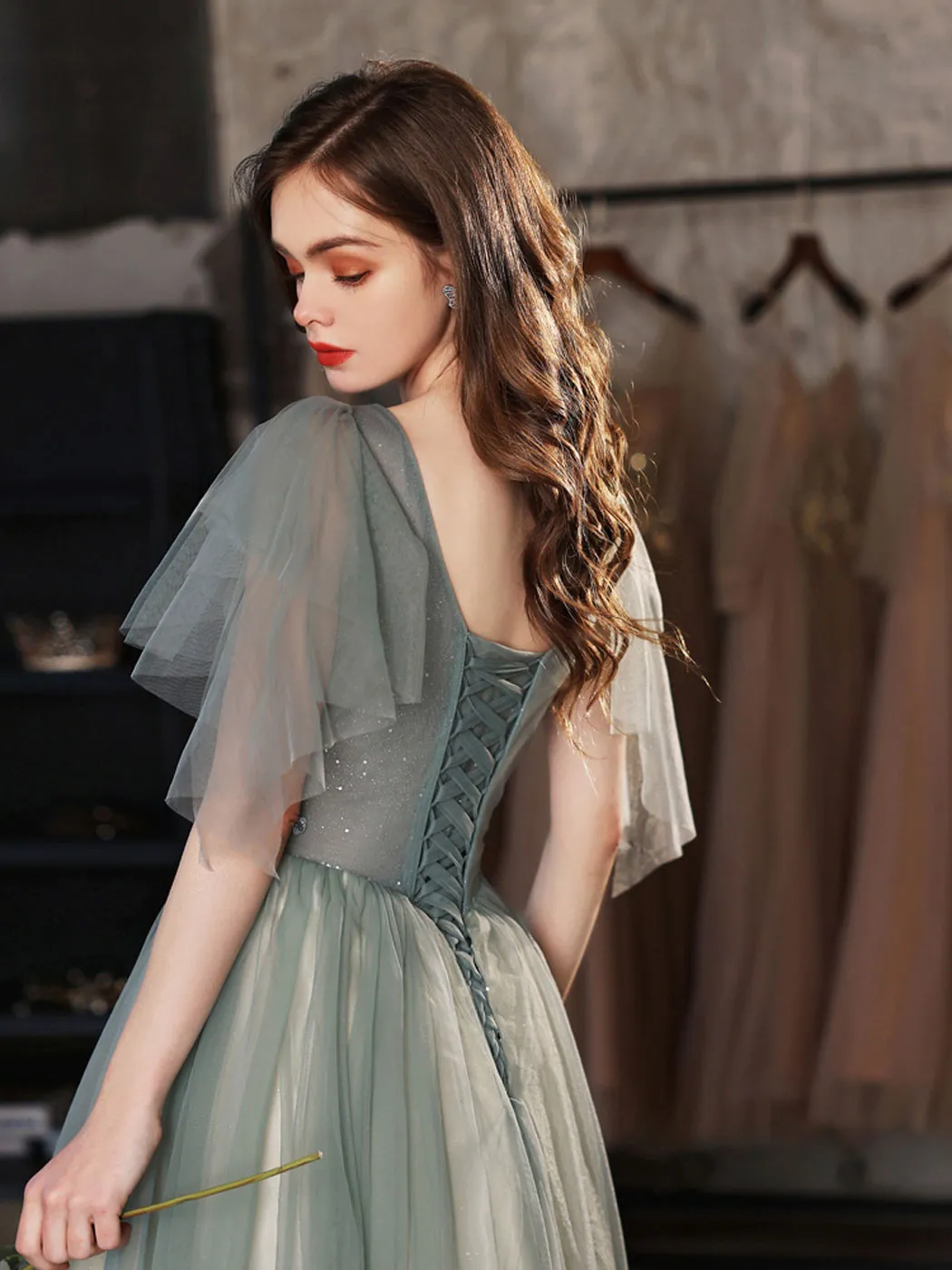V neck A line tulle beads long green prom dress, green bridesmaid dress