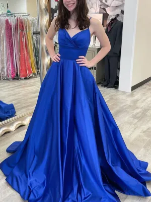 V Neck Backless Royal Blue Satin Long Prom Dresses, Backless Royal Blue Formal Dresses, Royal Blue Evening Dresses