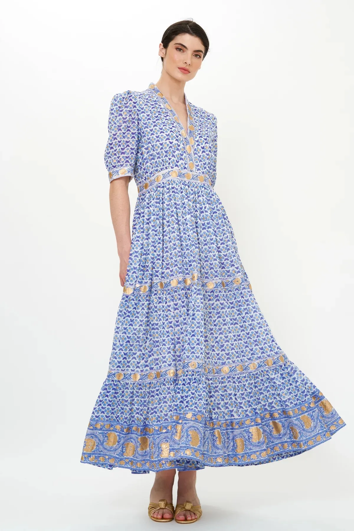 V Neck Cuffed Maxi Dress - Veranda Blue