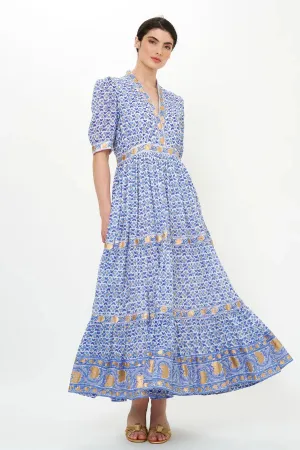 V Neck Cuffed Maxi Dress - Veranda Blue