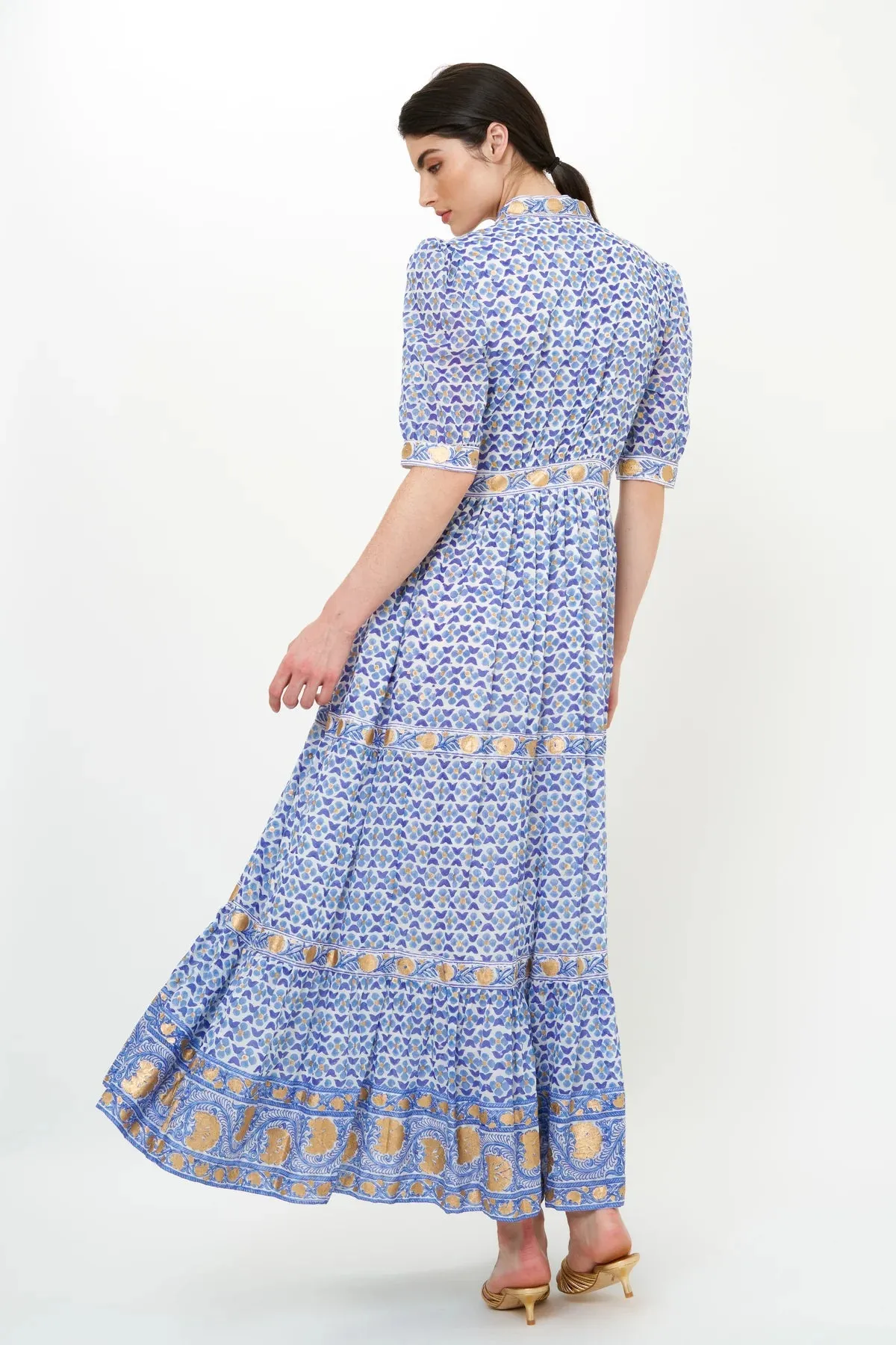 V Neck Cuffed Maxi Dress - Veranda Blue