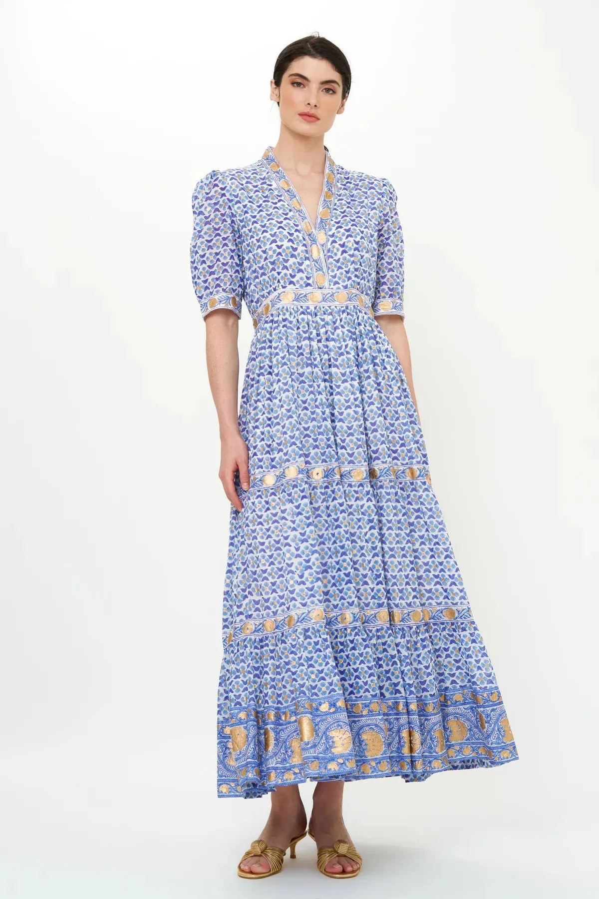 V Neck Cuffed Maxi Dress - Veranda Blue