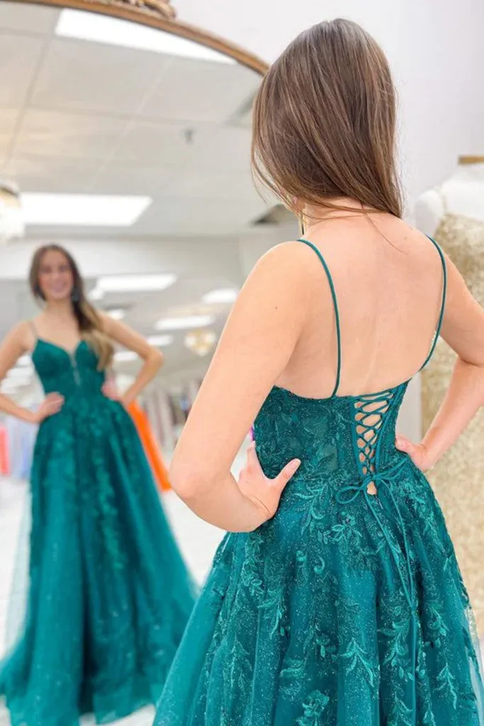 V Neck Green Lace Tulle Long Prom Dresses, V Neck Green Lace Tulle Long Formal  Evening Dresses