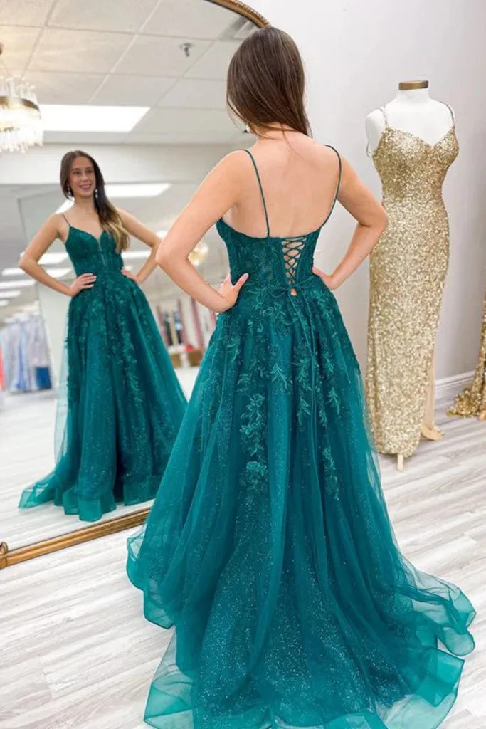 V Neck Green Lace Tulle Long Prom Dresses, V Neck Green Lace Tulle Long Formal  Evening Dresses