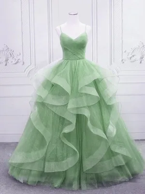 V Neck Open Back Light Green Tulle Long Prom Dresses, Shiny Light Green Formal Evening Dresses, Light Green Ball Gown