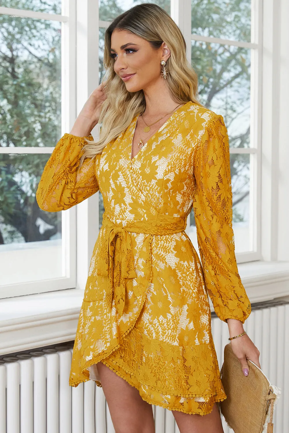 Valentina Pompom Trim Puff Sleeve Belted Lace Dress
