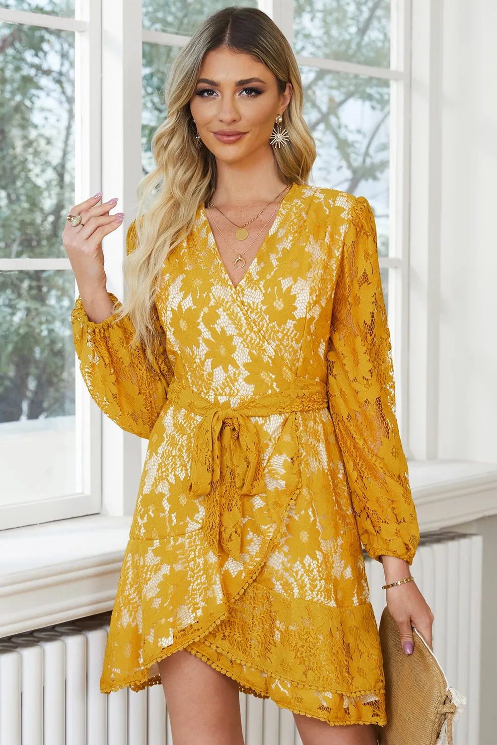 Valentina Pompom Trim Puff Sleeve Belted Lace Dress