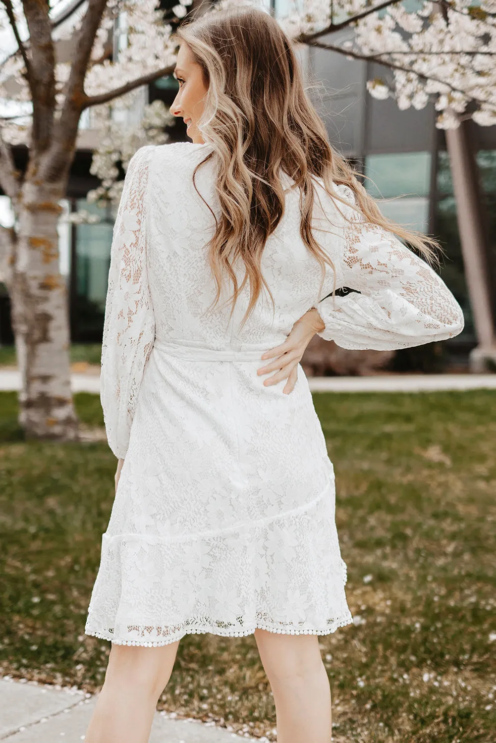 Valentina Pompom Trim Puff Sleeve Belted Lace Dress