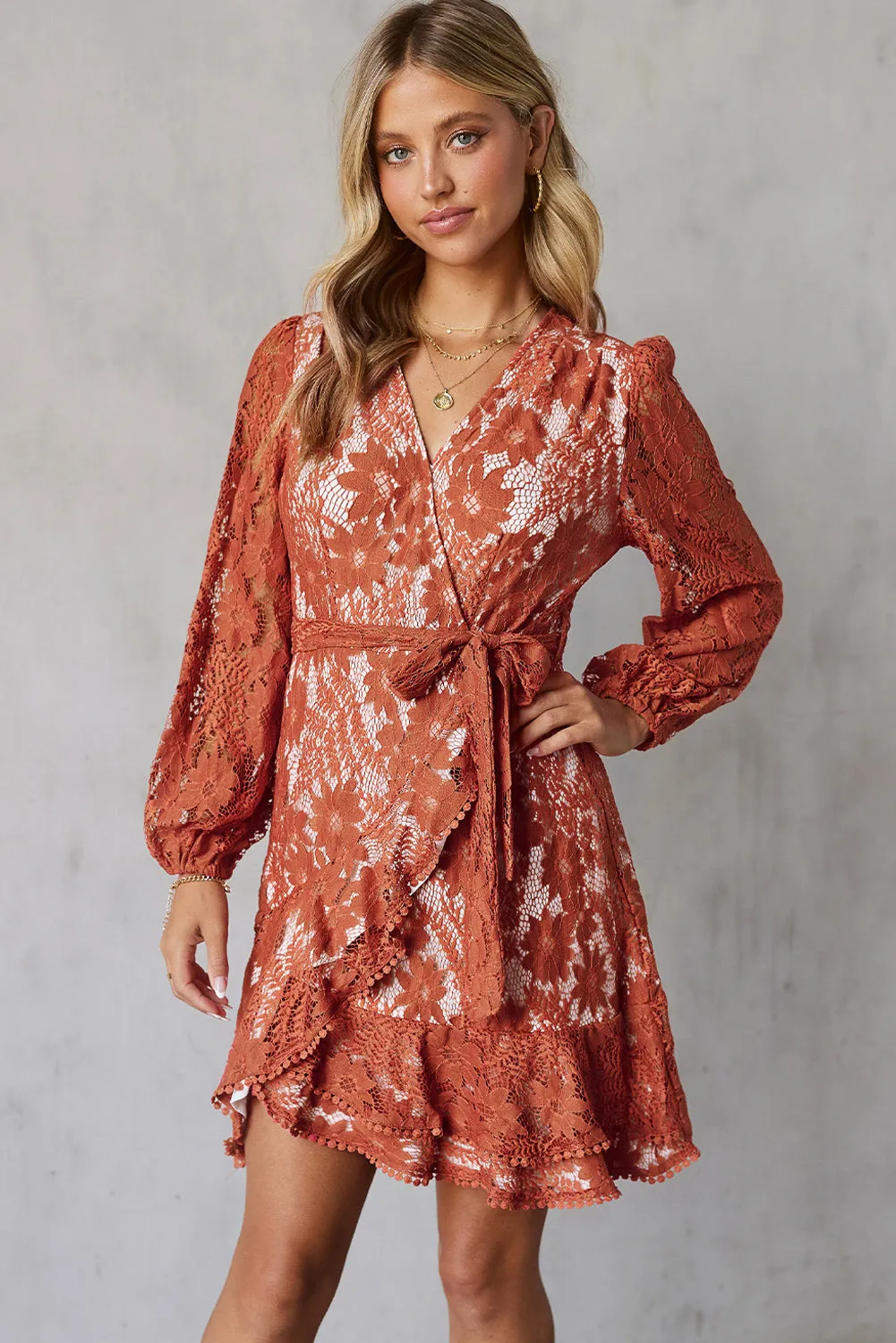 Valentina Pompom Trim Puff Sleeve Belted Lace Dress
