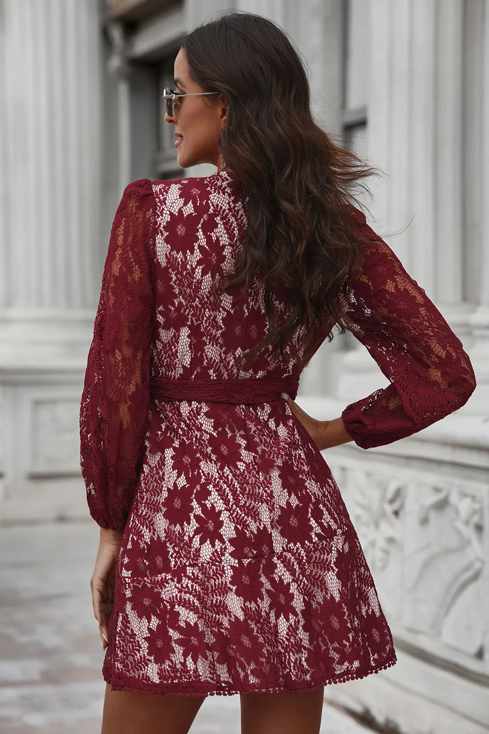 Valentina Pompom Trim Puff Sleeve Belted Lace Dress