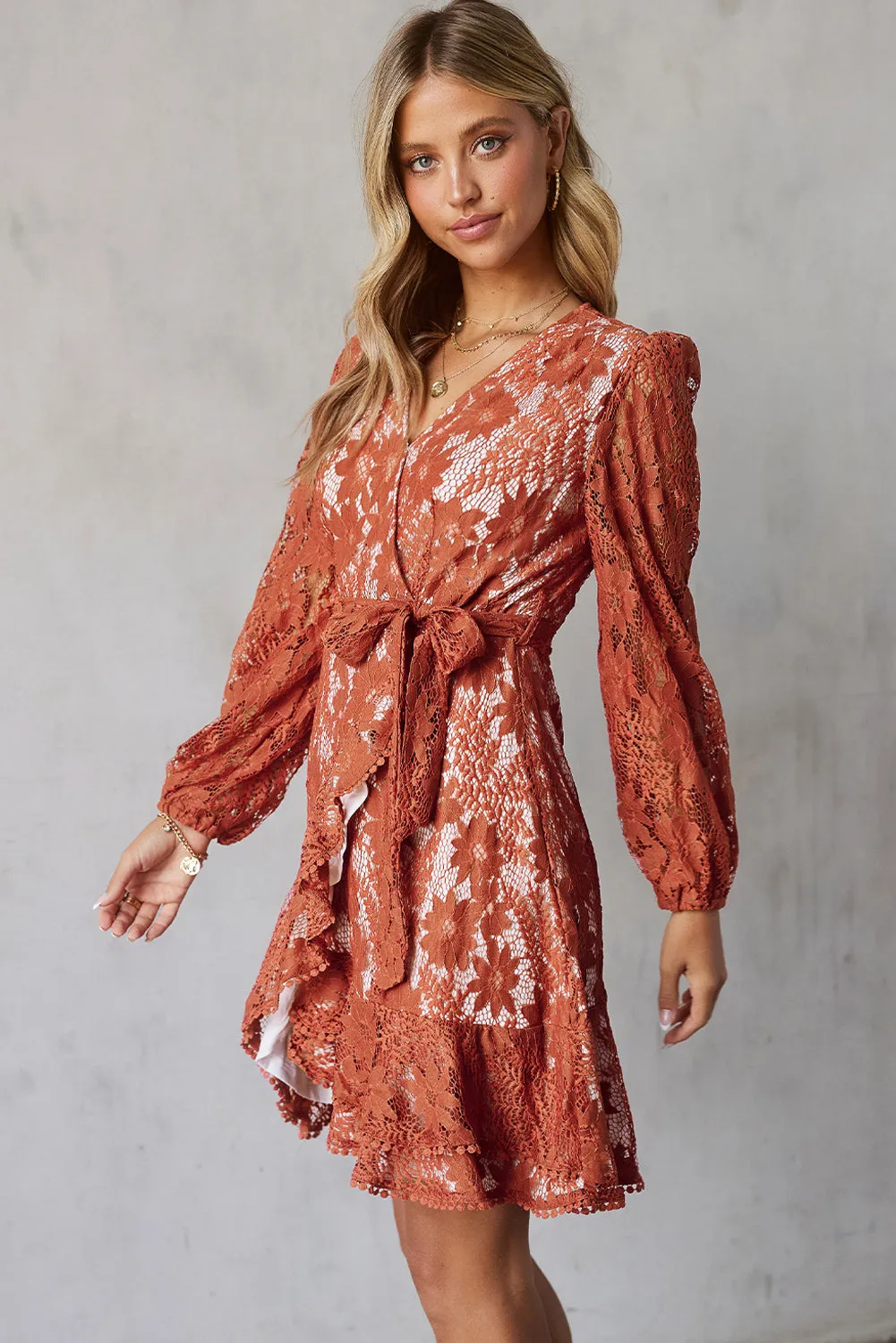 Valentina Pompom Trim Puff Sleeve Belted Lace Dress
