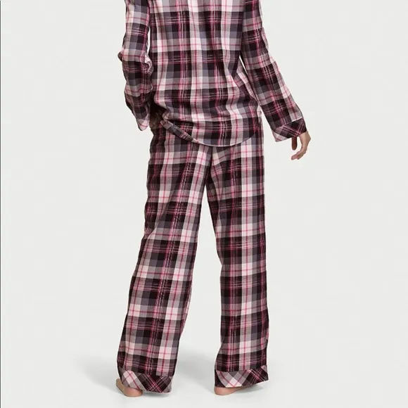 VICTORIA'S SECRET Flannel Long PJ Set PAJAMA JACKET BOTTOMS PANTS SCRUNCHIE NEW