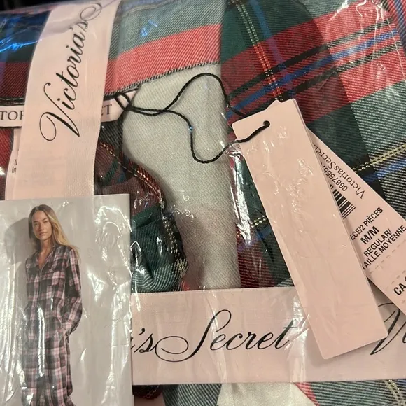 VICTORIA'S SECRET Flannel Long PJ Set PAJAMA JACKET BOTTOMS PANTS SCRUNCHIE NEW