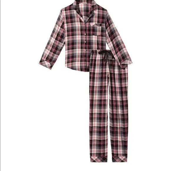 VICTORIA'S SECRET Flannel Long PJ Set PAJAMA JACKET BOTTOMS PANTS SCRUNCHIE NEW