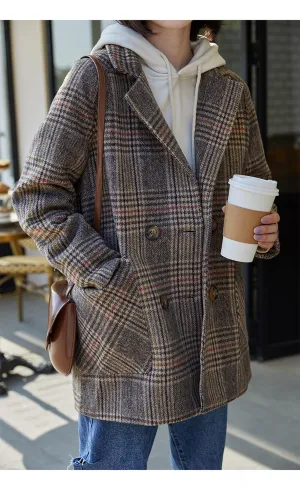 Vintage Double Breasted Plaid Woolen Coat Jacket