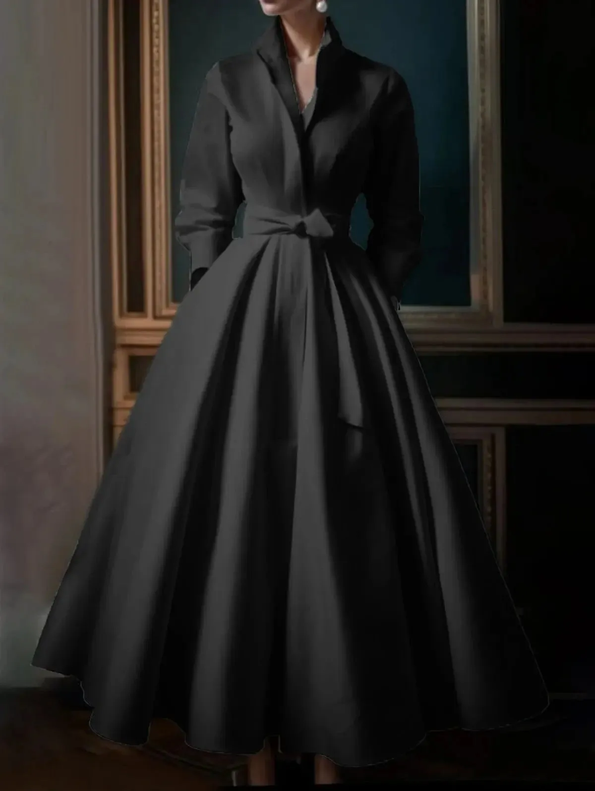 White Stand Collar Belted Evening  Dress
