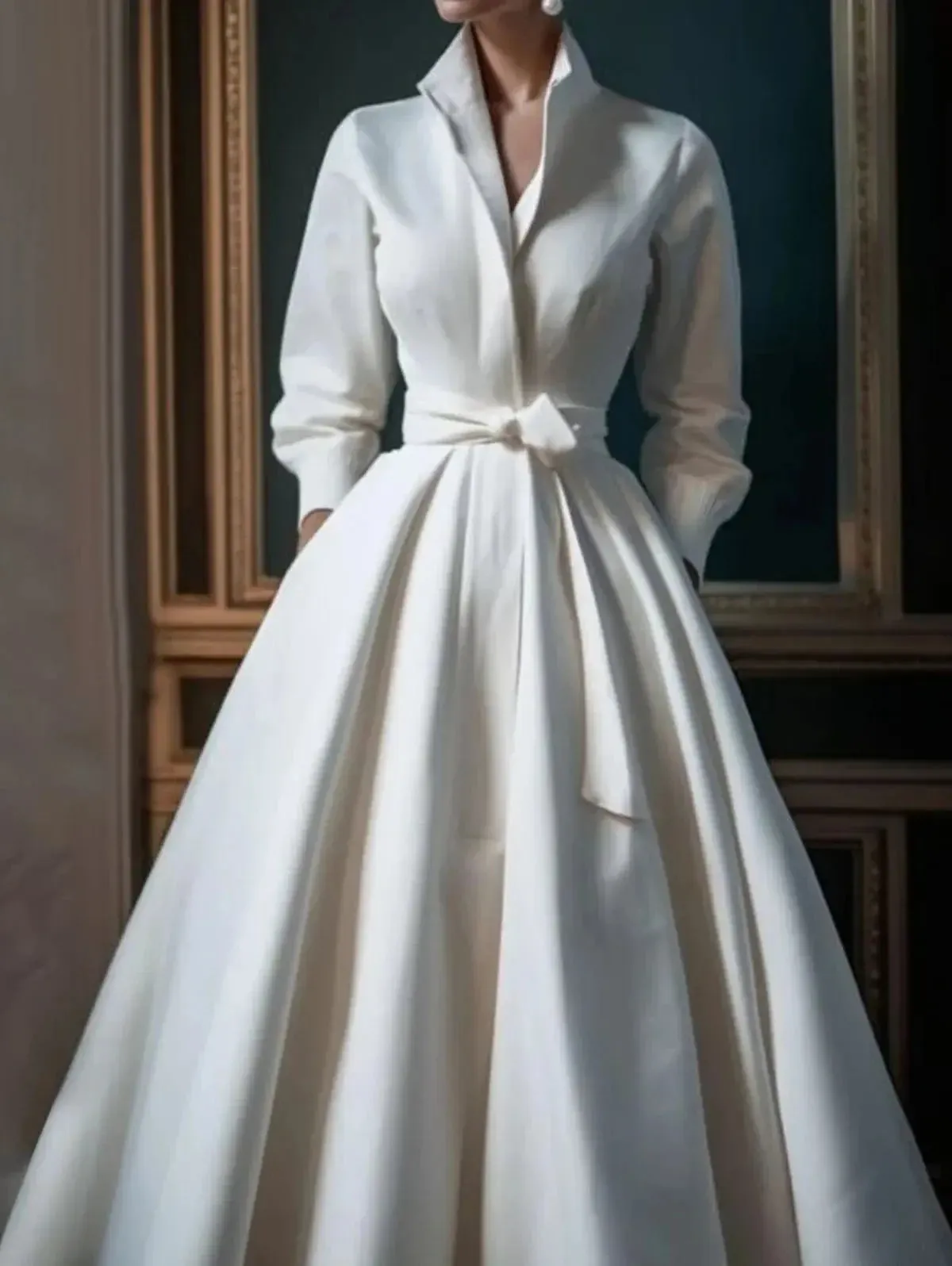 White Stand Collar Belted Evening  Dress