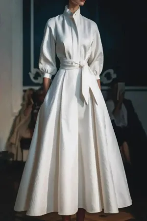 White Stand Collar Belted Evening  Dress