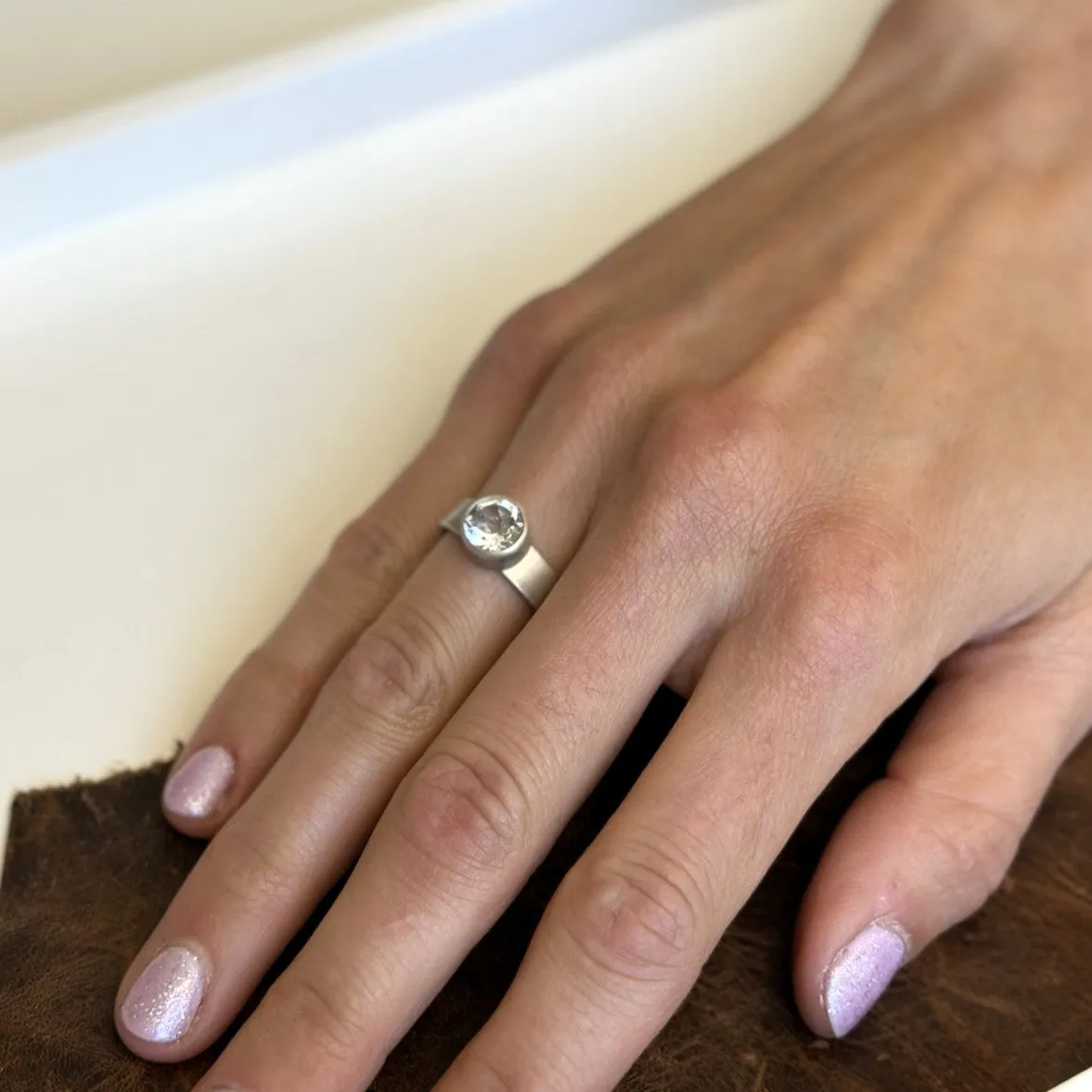 White Topaz Round Ring on Tapered Band