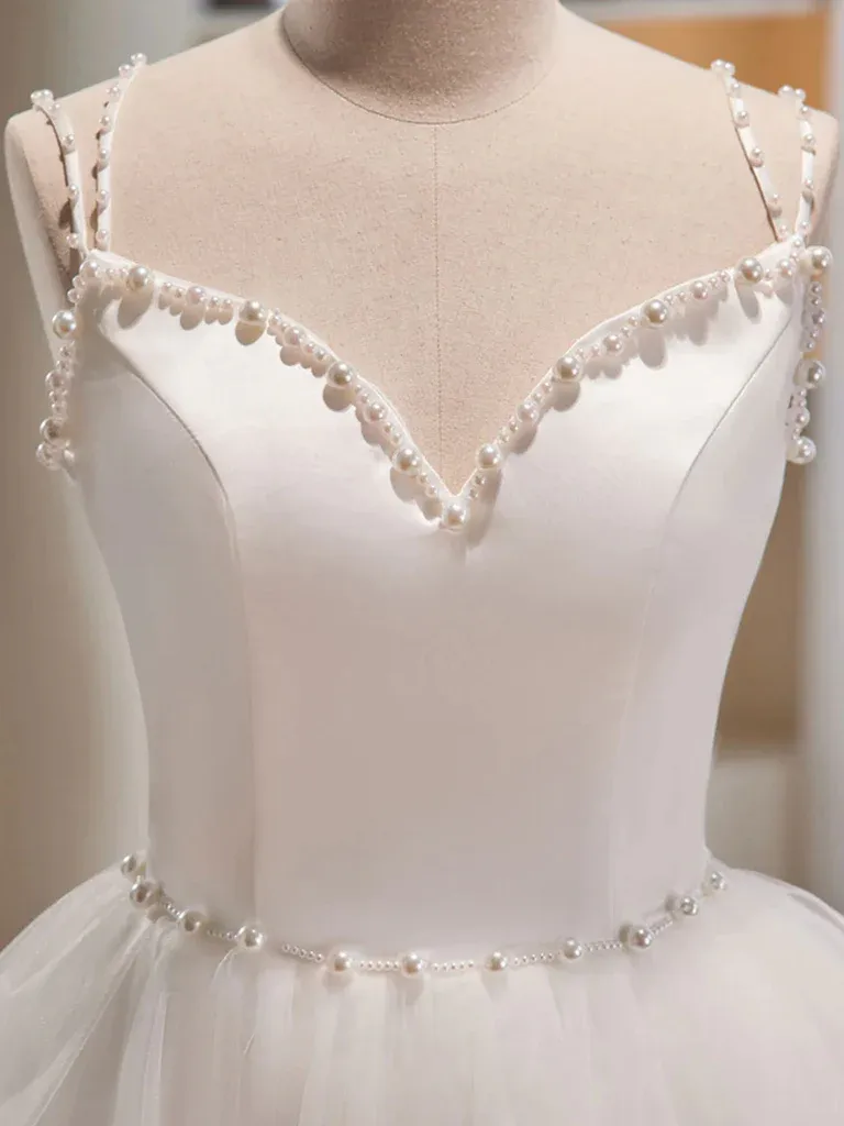 White  V Neck Short Tulle Prom Dresses, Short White Tulle Homecoming Graduation Dresses