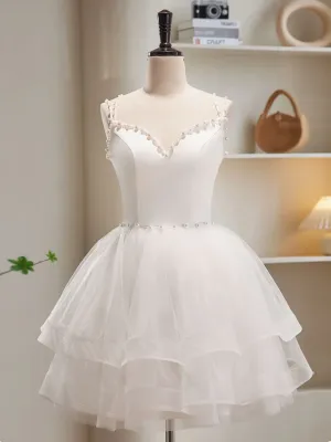 White  V Neck Short Tulle Prom Dresses, Short White Tulle Homecoming Graduation Dresses