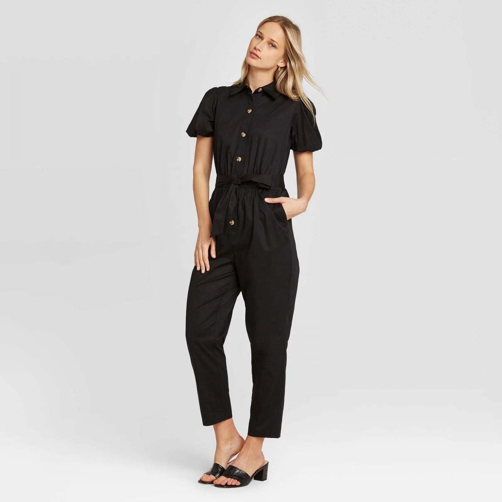 Who What Wear Women's Puff Short Sleeve Collared Jumpsuit WD-773 Black M