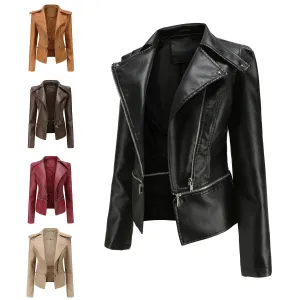 Women Faux Leather Coat Turn Down Collar Full Sleeve Jackets Zipper Casual Splice Coats Short Jacket Sexy Slim Fit Autumn