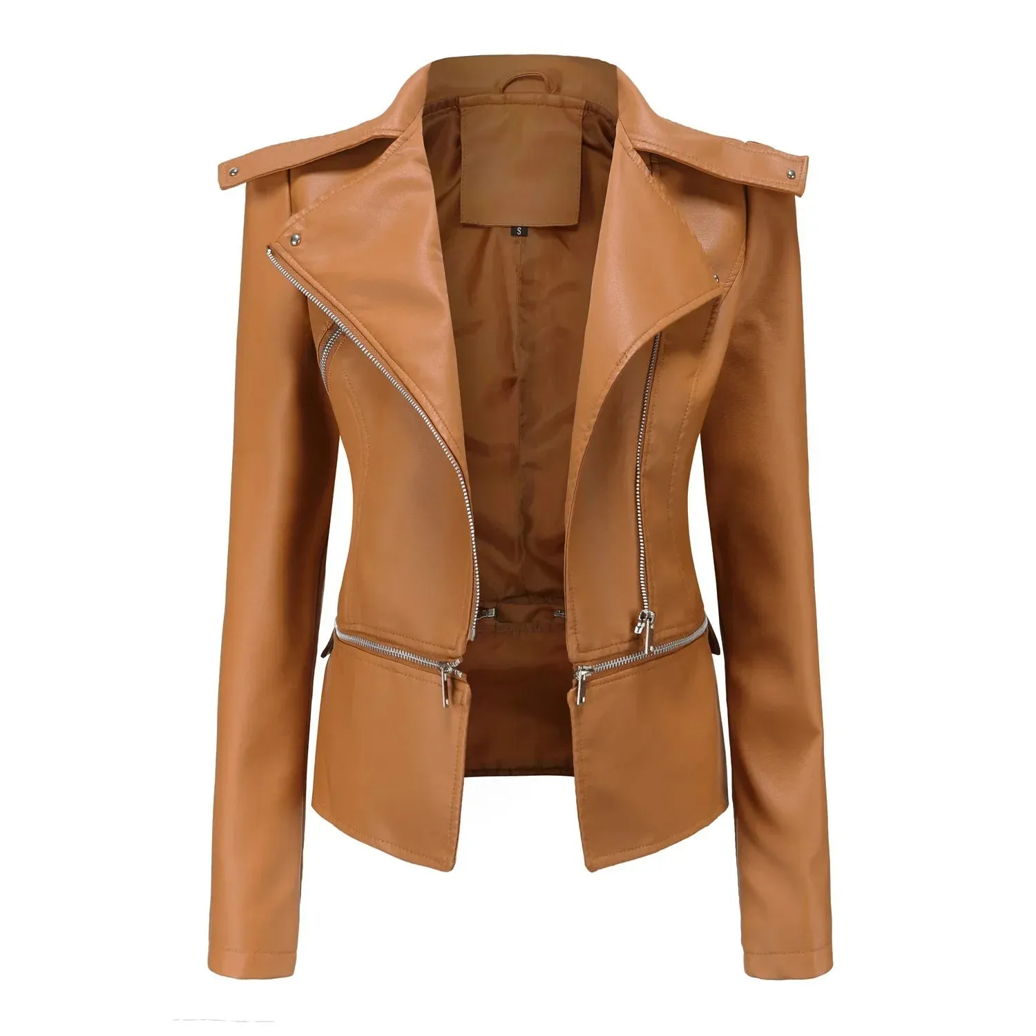 Women Faux Leather Coat Turn Down Collar Full Sleeve Jackets Zipper Casual Splice Coats Short Jacket Sexy Slim Fit Autumn