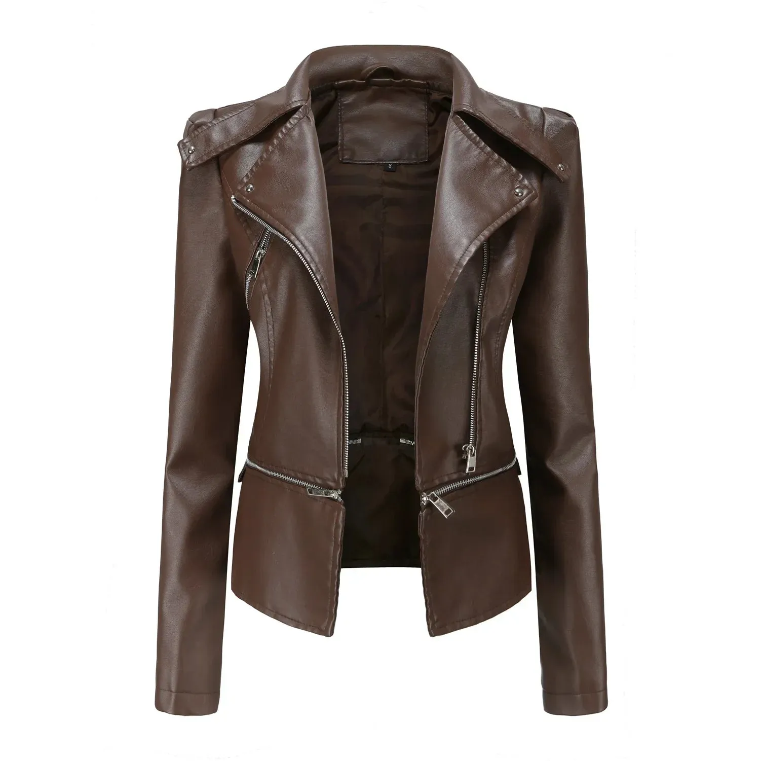 Women Faux Leather Coat Turn Down Collar Full Sleeve Jackets Zipper Casual Splice Coats Short Jacket Sexy Slim Fit Autumn